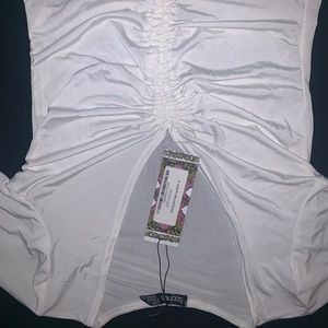 SILKY RUCHED V NECK TOP WHITE